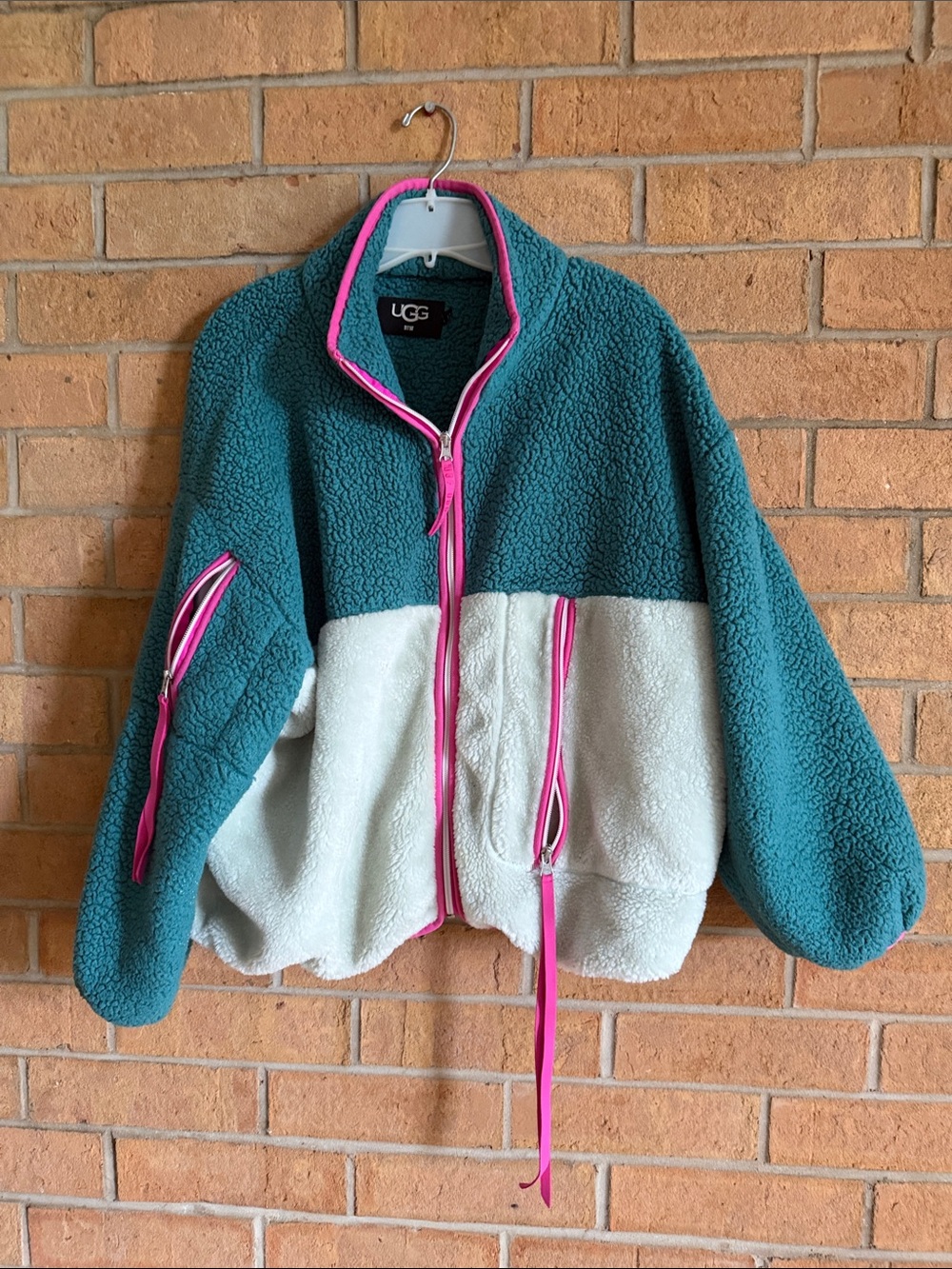 UGG Teal and Cream Sherpa Jacket with Pink Trim